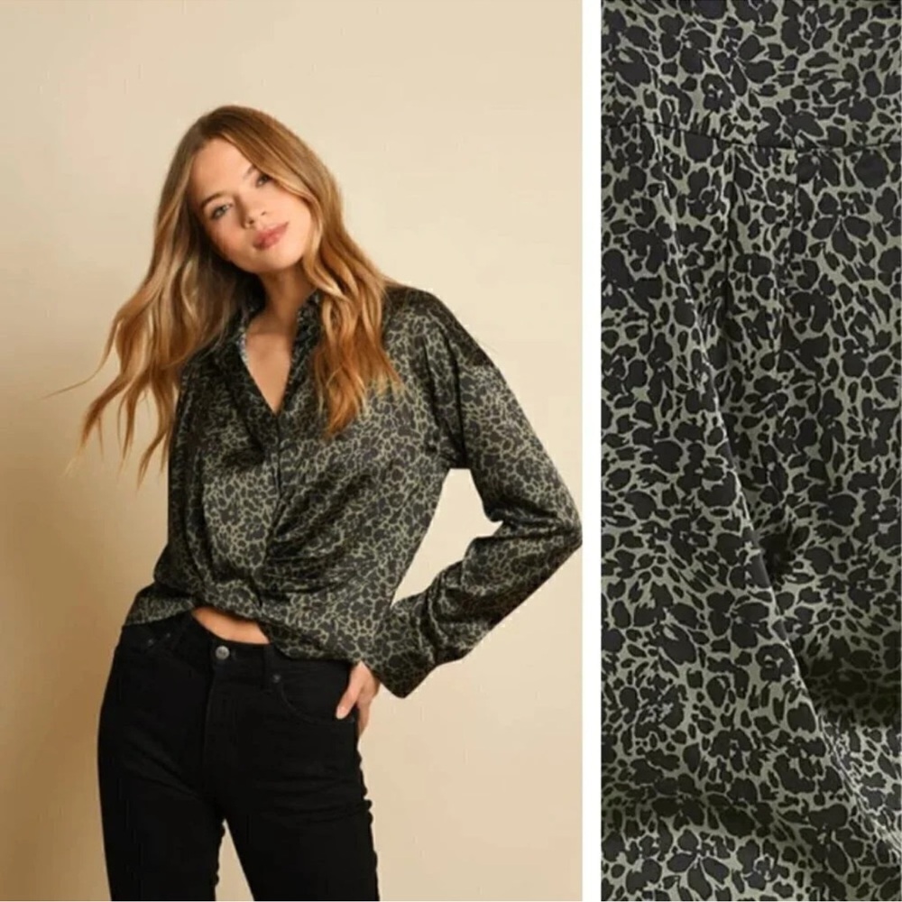 Hutch Finch Top Satin Blouse Olive Green Leopard Print Size XSmall